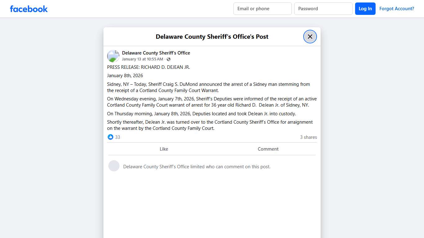 PRESS RELEASE: RICHARD... - Delaware County Sheriff's Office Facebook